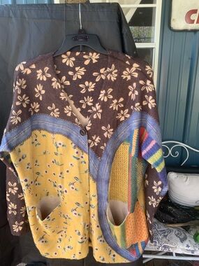 Amazon Multicolor Patchwork Floral Cardigan - Brown, Yellow, Blue